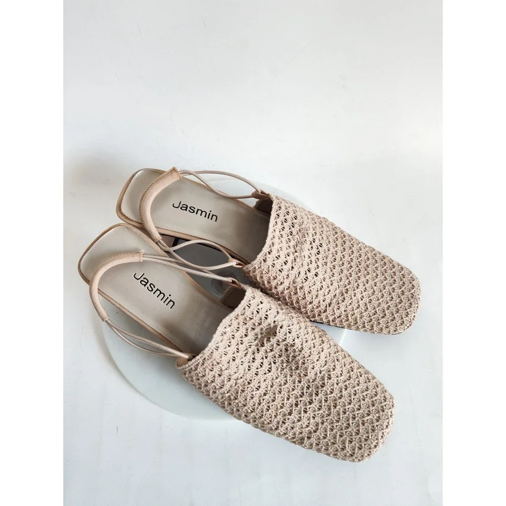Vintage Crochet Slingback Heels 8.5 Square Toe Beige Neutral Woven Block Heel